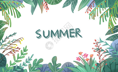 夏天花卉边框手绘风夏天花卉花草植物背景插画插画