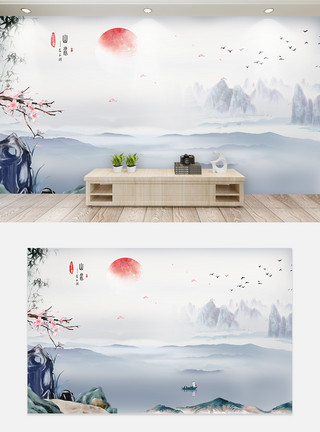 竹子意境中国风水墨山水背景墙模板