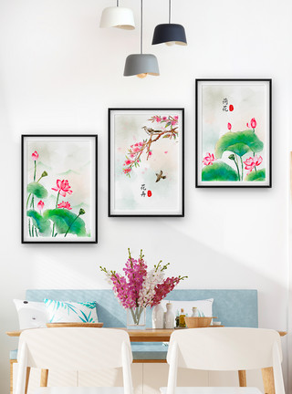 荷叶小清新植物中国风荷花装饰画三联框模板