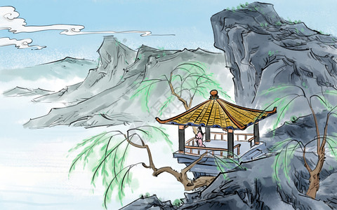 石头屋中国风山水插画