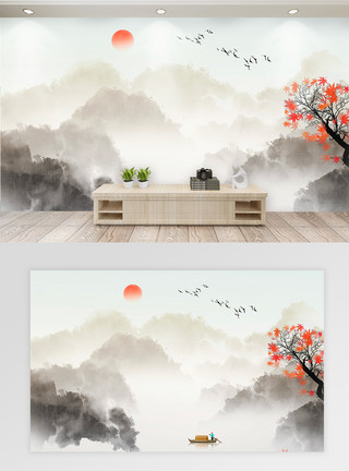 公寓客厅中国水墨风山水背景墙模板