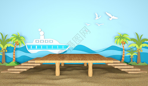 蓝色小船创意夏天场景设计图片