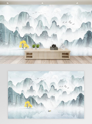 现代中式画新中式大理石山水背景墙模板