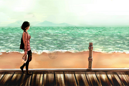 海边漫步女孩行走在海边栈道插画