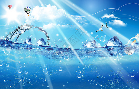 飞的气泡夏日冰块水背景设计图片