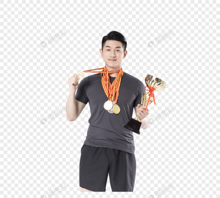 戴着奖牌拿着奖杯的运动男性图片