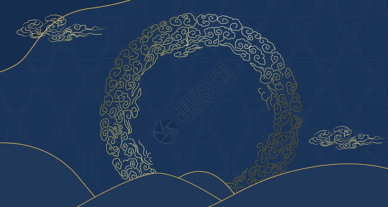 圆形玫瑰花边中国风蓝色背景设计图片