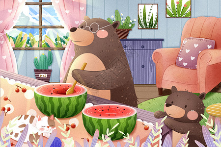 24节气之大暑熊吃西瓜插画图片