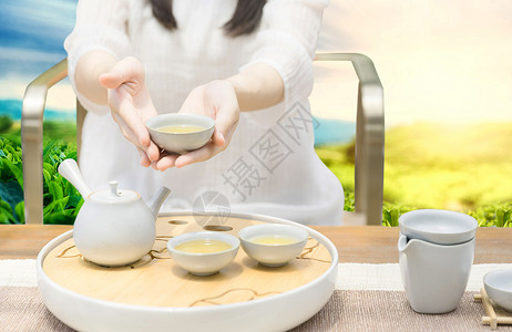 女孩喝茶茶艺茶道设计图片