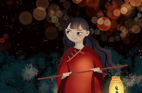 中元节女孩挑灯祭祖插画图片