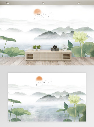 蜻蜓水墨中国风荷花背景墙模板