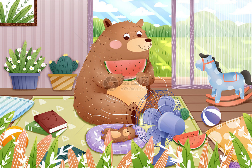 24节气之大暑室内避暑熊吃西瓜插画图片