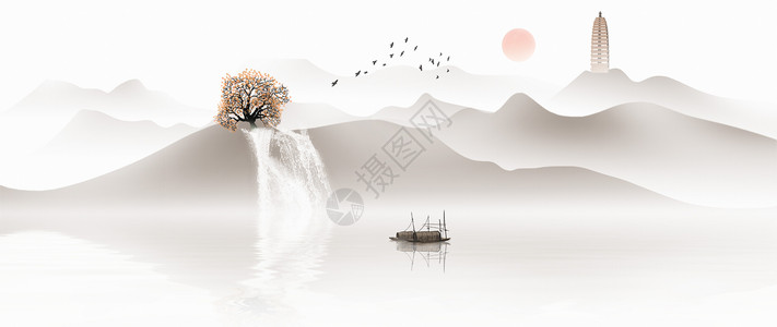 春季风景背景墙中国风山水画插画