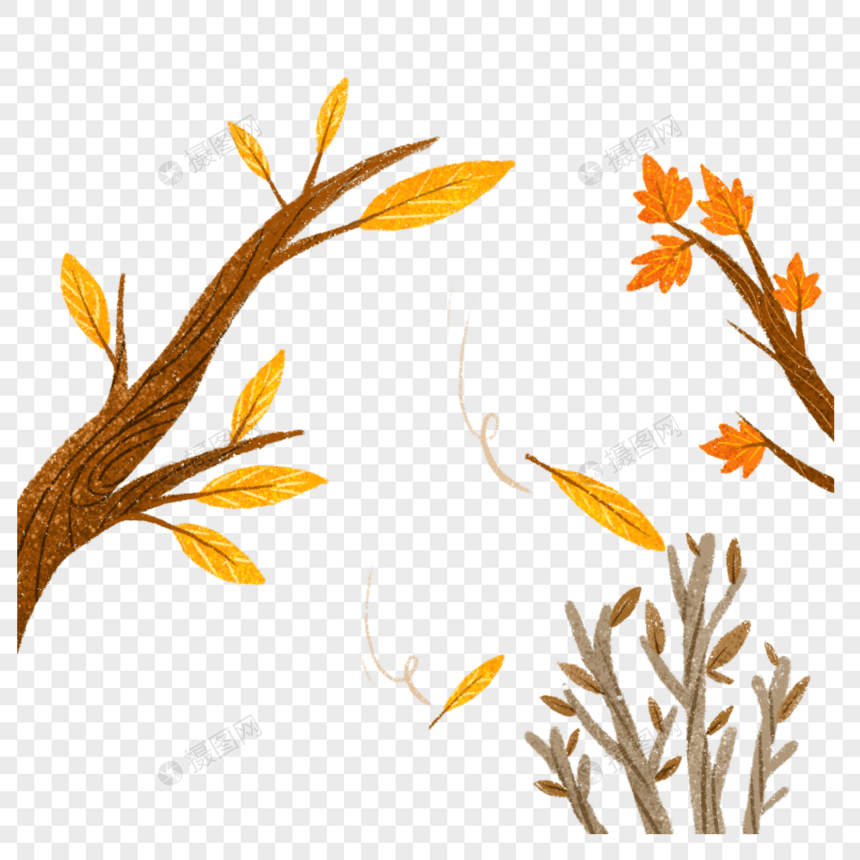 落叶枯树秋天的景色秋天插画手绘图片