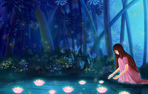 背景图片素材女孩在河边放河灯插画