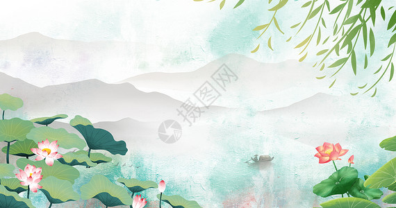 海市蜃楼水塘夏季荷花背景设计图片