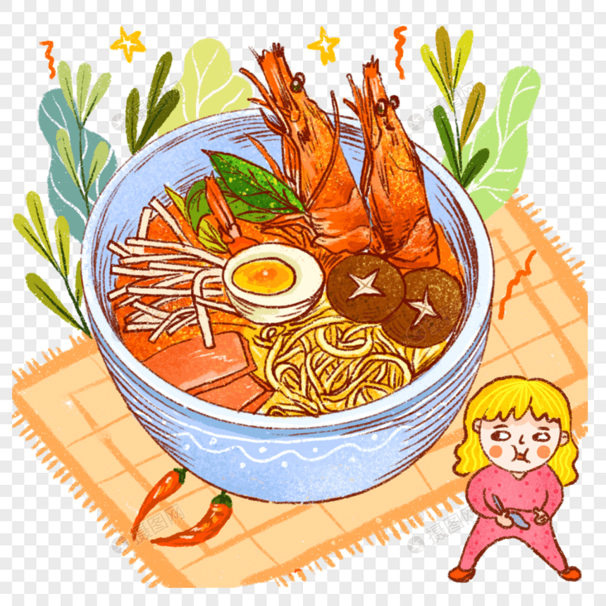 泡面冬阴功虾午餐肉冬菇鸡蛋美食卡通人物手绘插画可爱图片