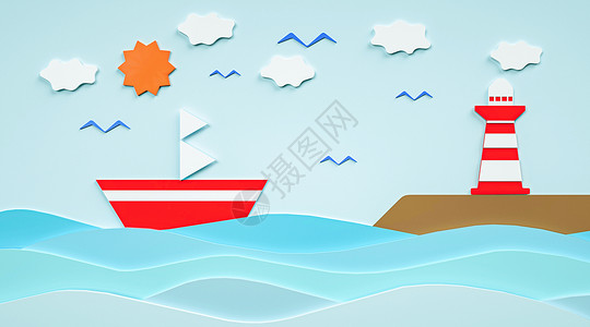 大海灯塔插画背景图片夏日大海设计图片