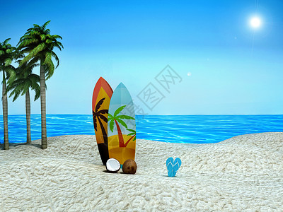 夏天冲浪板少年夏日沙滩场景设计图片