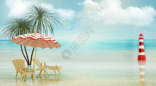大海灯塔插画背景图片夏日清新沙滩场景设计图片