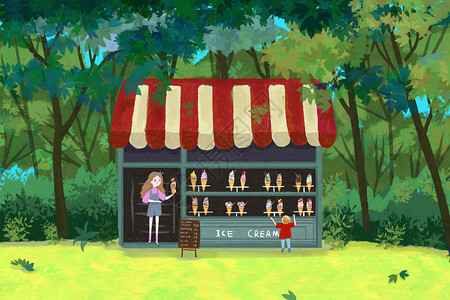 甜品橱窗女孩的冰淇淋店插画