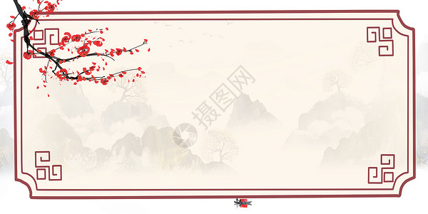 梅花水墨扇子中国风边框背景设计图片