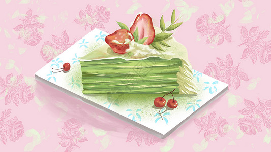 绿色蛋糕夏天草莓抹茶蛋糕插画