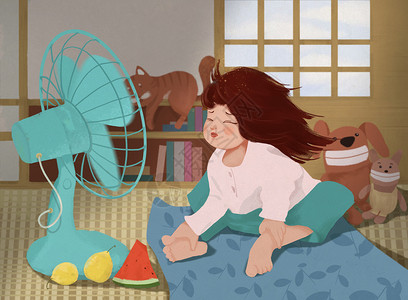 大暑小女孩室内吹风扇吃西瓜图片