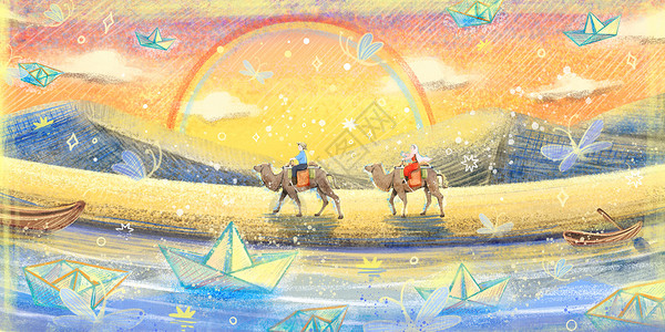 沙漠骑骆驼旅行的情侣插画