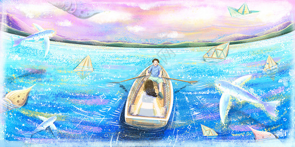 爱的海洋海上划船旅行的情侣插画