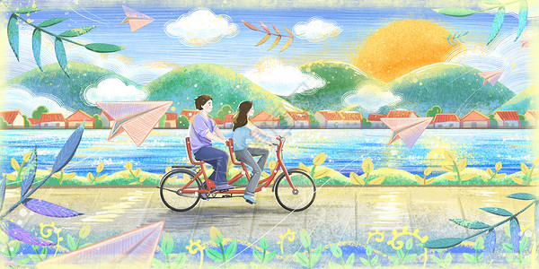 情侣骑自行车清晨骑双人自行车的情侣插画