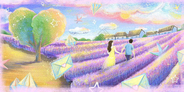 爱旅行在薰衣草田野散步的情侣插画