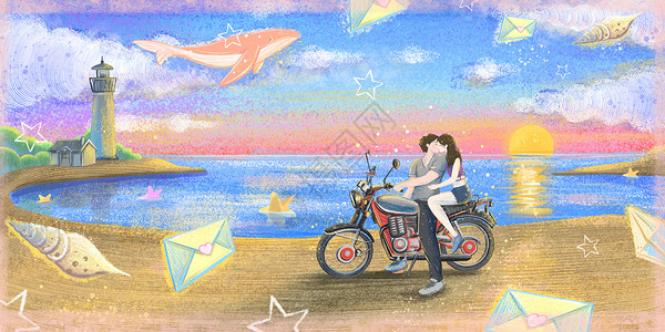 骑摩托车情侣海边骑摩托车接吻的情侣插画