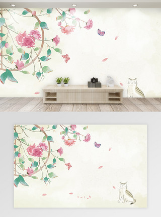 猫与花水彩花卉背景墙模板
