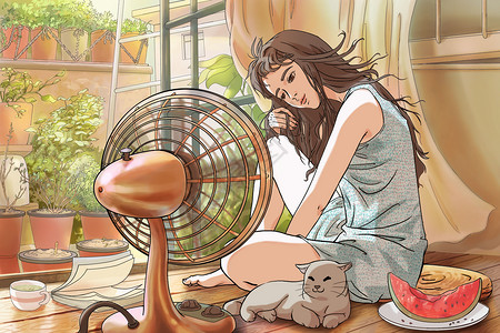静音风扇炎热夏天吹风扇的女孩插画