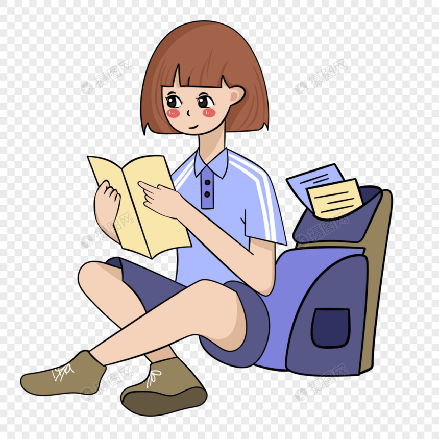坐着书包旁认真看书的女同学图片