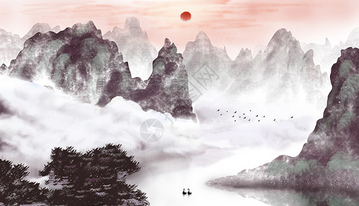 绿水青山水墨中国风山水插画插画