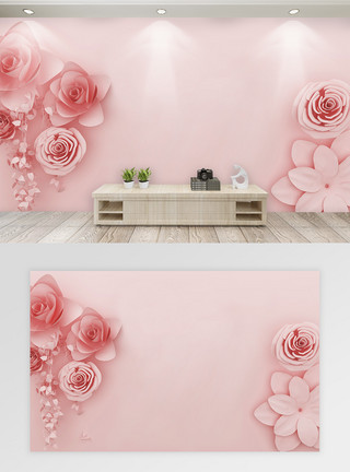 双粉红玫瑰现代立体花卉背景墙模板