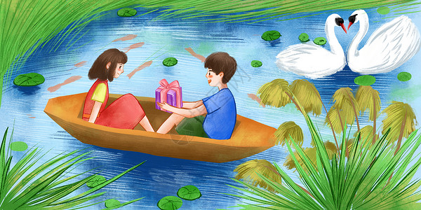湘湖芦苇七夕情侣坐在船上插画
