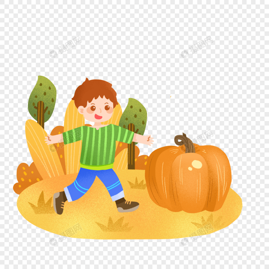 秋天在田地里奔跑的小男孩和南瓜图片