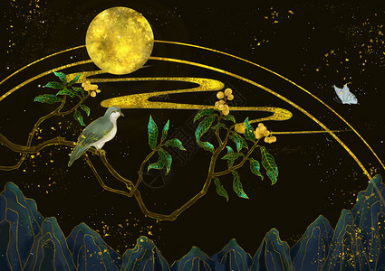 树纹背景烫金中国风枇杷与鸟插画