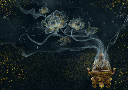 工笔摄影素材烫金中国风烟雾香炉插画
