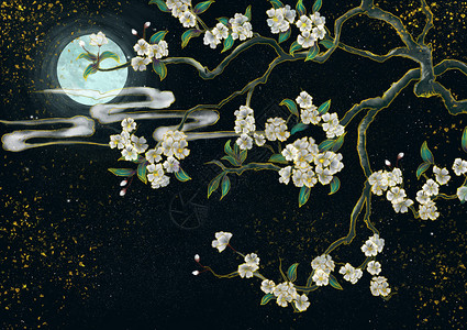 白描山水烫金中国风花卉插画