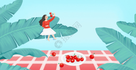 小清新夏季插画夏天的樱桃和芭蕉gif高清图片