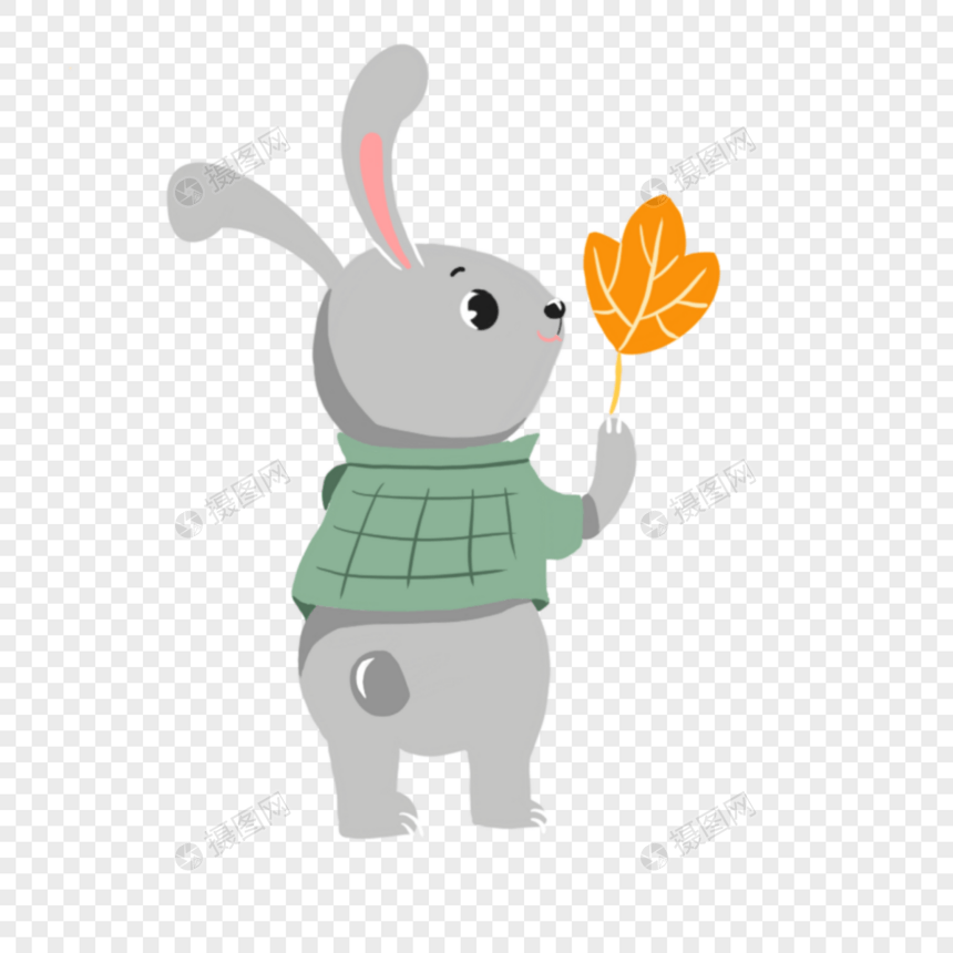 卡通灰色兔子拿着落叶图片