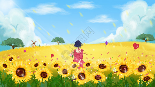 飞舞黄色花瓣向日葵花海里的少女背影插画