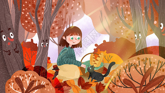 在篮子里秋季女孩在森林和猫咪玩耍温馨可爱插画插画