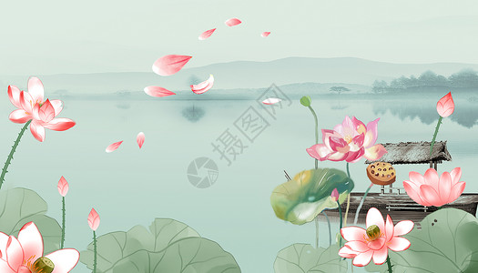 大暑船中国风荷花背景设计图片