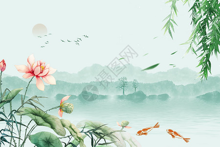 中国风水墨国画荷花背景设计图片