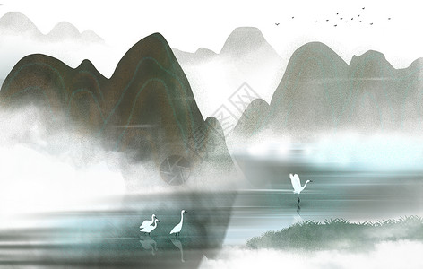 飞翔的白鹭中国风山水画插画